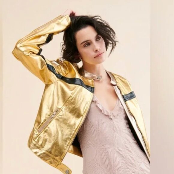 REVOLVE x We The Free FAST LANE METALLIC Faux Leather Jacket in Gold Combo - Picture 2 of 7